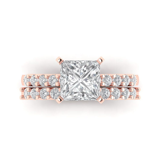 2.63 cttw Princess Cut Moissanite Bridal Set - Solid Rose Gold Engagement Ring & Wedding Band