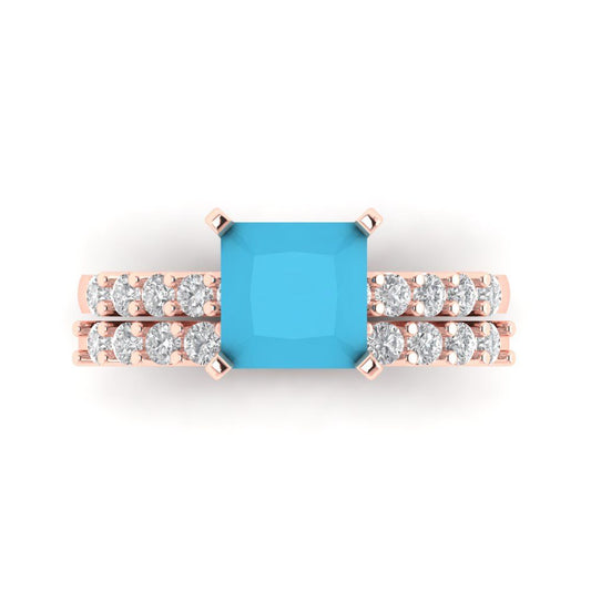 2.63 cttw Princess Cut Simulated Turquoise Bridal Set - Solid Rose Gold Engagement Ring & Wedding Band