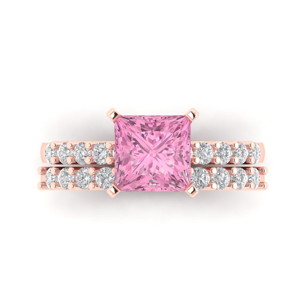 2.63 cttw Princess Cut Simulated Pink Diamond Bridal Set - Solid Rose Gold Engagement Ring & Wedding Band