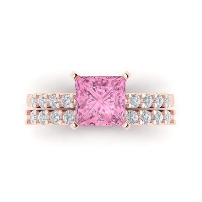 2.63 cttw Princess Cut Simulated Pink Diamond Bridal Set - Solid Rose Gold Engagement Ring & Wedding Band