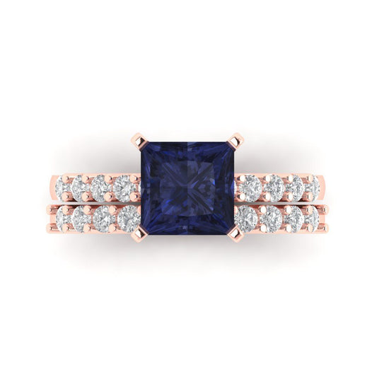 2.63 cttw Princess Cut Simulated Blue Sapphire Bridal Set - Solid Rose Gold Engagement Ring & Wedding Band