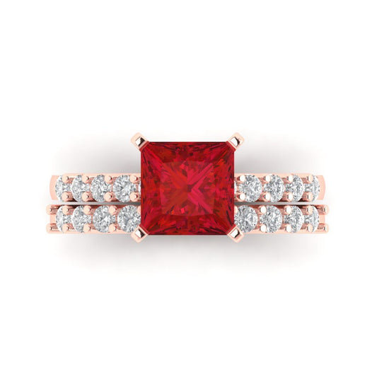 2.63 cttw Princess Cut Simulated Ruby Bridal Set - Solid Rose Gold Engagement Ring & Wedding Band