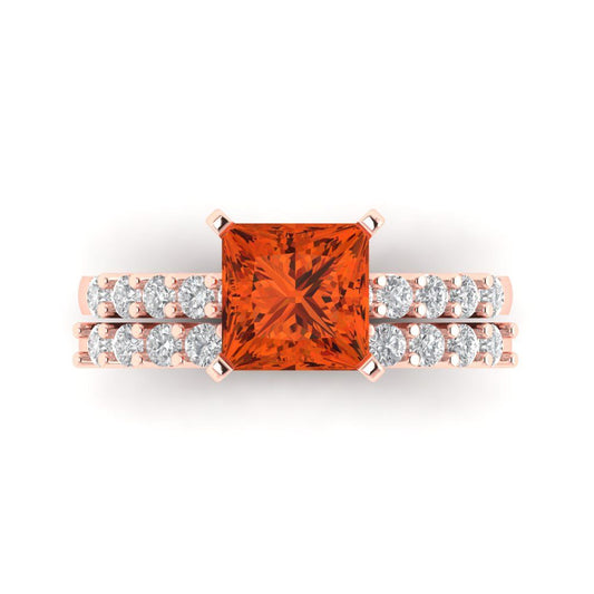 2.63 cttw Princess Cut Simulated Red Diamond Bridal Set - Solid Rose Gold Engagement Ring & Wedding Band