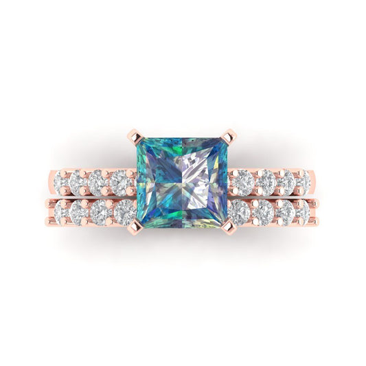 2.63 cttw Princess Cut Blue Moissanite Bridal Set - Solid Rose Gold Engagement Ring & Wedding Band