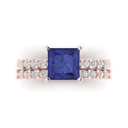 2.63 cttw Princess Cut Simulated Tanzanite Bridal Set - Solid Rose Gold Engagement Ring & Wedding Band