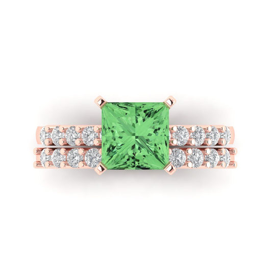 2.63 cttw Princess Cut Simulated Green Diamond Bridal Set - Solid Rose Gold Engagement Ring & Wedding Band