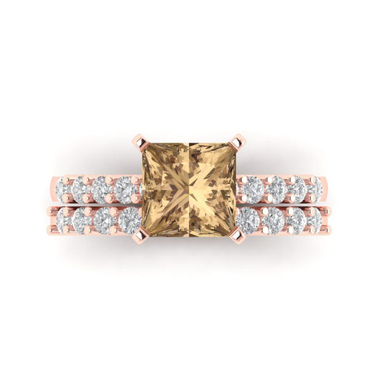 2.63 cttw Princess Cut Simulated Champagne Diamond Bridal Set - Solid Rose Gold Engagement Ring & Wedding Band