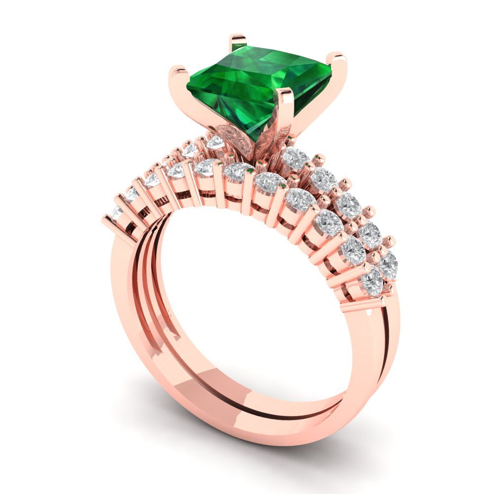 2.63 cttw Princess Cut Simulated Emerald Bridal Set - Solid Rose Gold Engagement Ring & Wedding Band