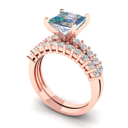 2.63 cttw Princess Cut Blue Moissanite Bridal Set - Solid Rose Gold Engagement Ring & Wedding Band