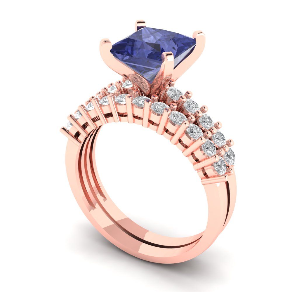2.63 cttw Princess Cut Simulated Tanzanite Bridal Set - Solid Rose Gold Engagement Ring & Wedding Band