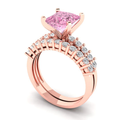 2.63 cttw Princess Cut Simulated Pink Diamond Bridal Set - Solid Rose Gold Engagement Ring & Wedding Band