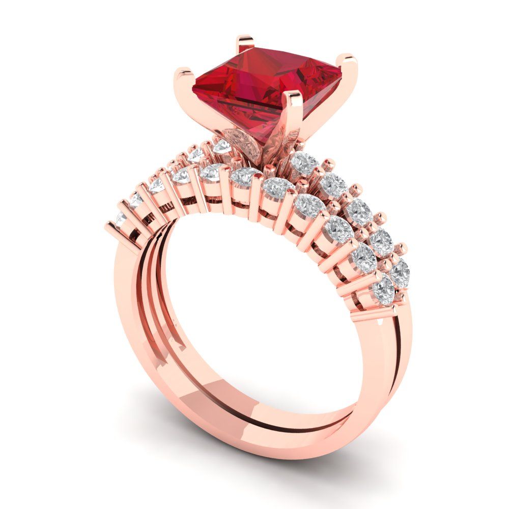 2.63 cttw Princess Cut Simulated Pink Tourmaline Bridal Set - Solid Rose Gold Engagement Ring & Wedding Band