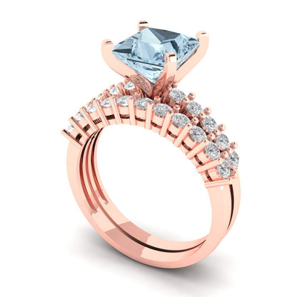 2.63 cttw Princess Cut Natural Swiss Blue Topaz Bridal Set - Solid Rose Gold Engagement Ring & Wedding Band