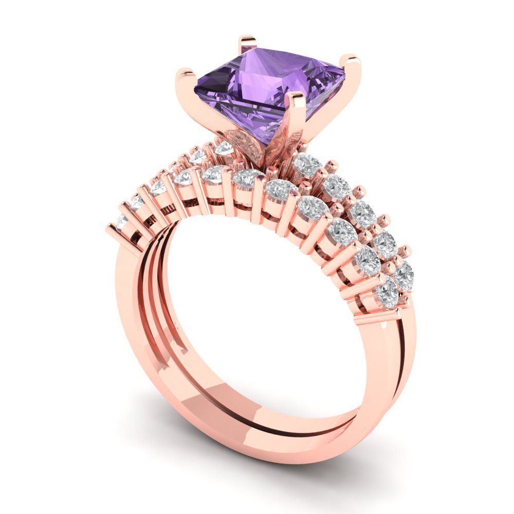 2.63 cttw Princess Cut Simulated Alexandrite Bridal Set - Solid Rose Gold Engagement Ring & Wedding Band
