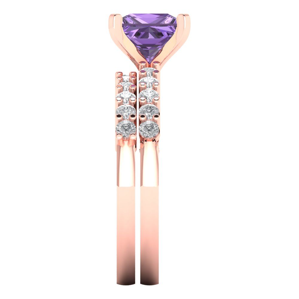 2.63 cttw Princess Cut Simulated Alexandrite Bridal Set - Solid Rose Gold Engagement Ring & Wedding Band