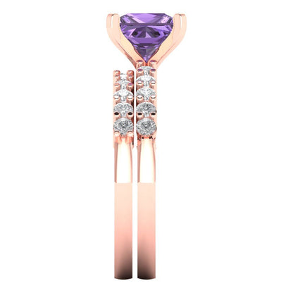 2.63 cttw Princess Cut Simulated Alexandrite Bridal Set - Solid Rose Gold Engagement Ring & Wedding Band