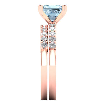 2.63 cttw Princess Cut Natural Aquamarine Bridal Set - Solid Rose Gold Engagement Ring & Wedding Band