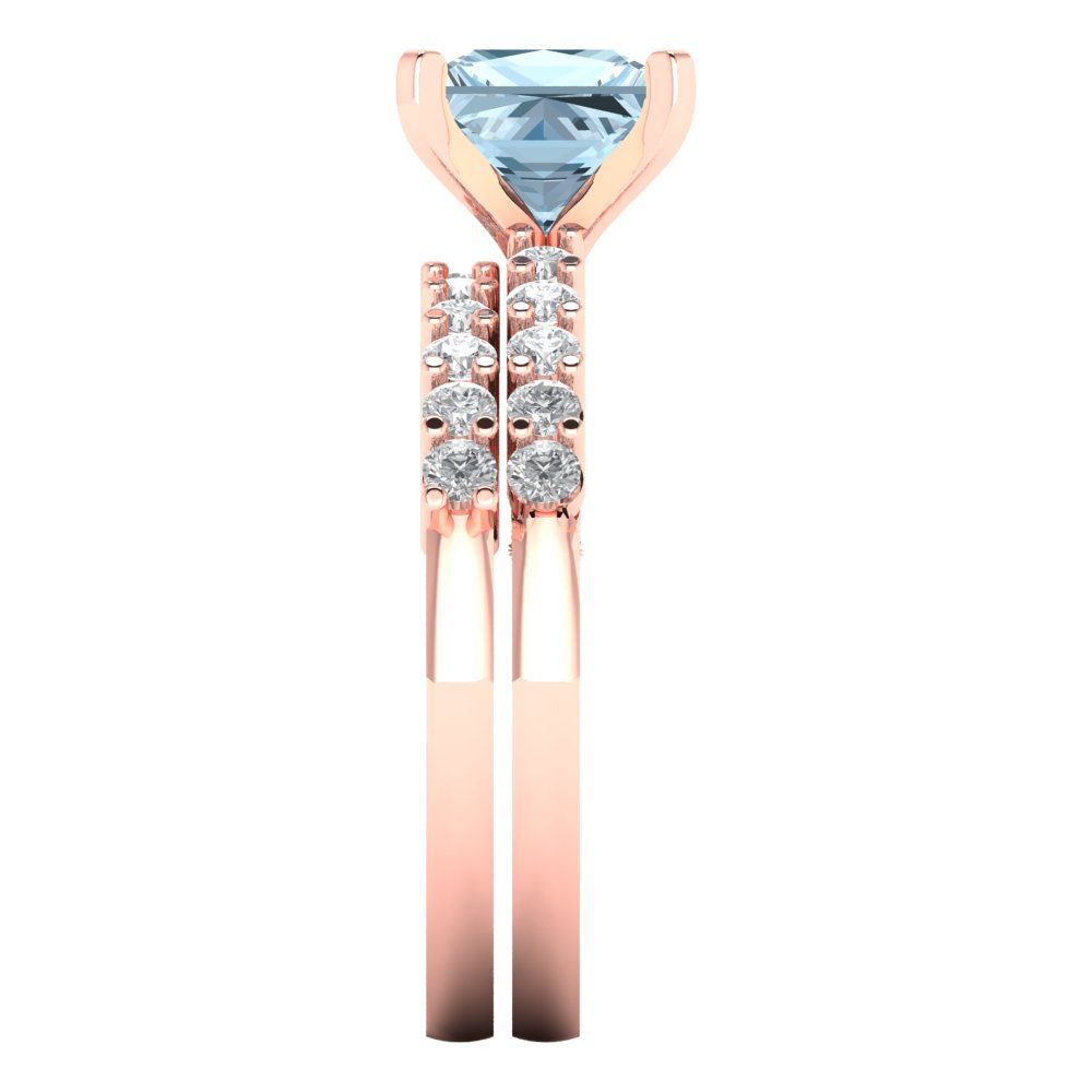 2.63 cttw Princess Cut Natural Sky Blue Topaz Bridal Set - Solid Rose Gold Engagement Ring & Wedding Band