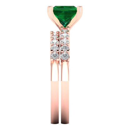 2.63 cttw Princess Cut Simulated Emerald Bridal Set - Solid Rose Gold Engagement Ring & Wedding Band