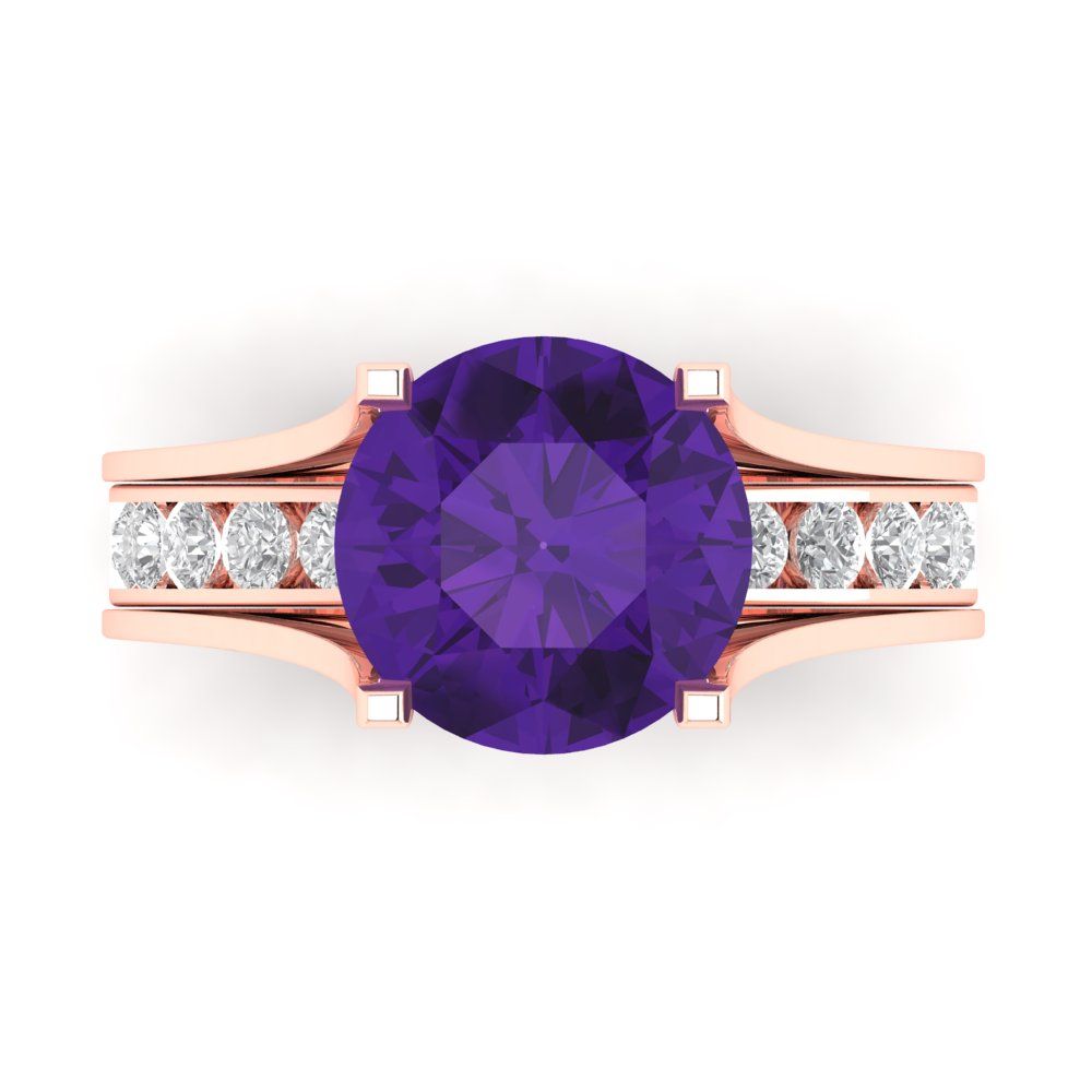 3.39 cttw Round Cut Natural Amethyst Bridal Set - Solid Rose Gold Engagement Ring & Wedding Band