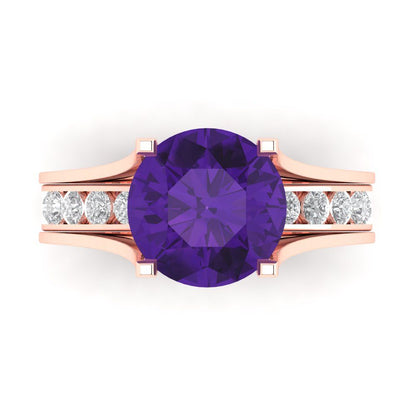 3.39 cttw Round Cut Natural Amethyst Bridal Set - Solid Rose Gold Engagement Ring & Wedding Band