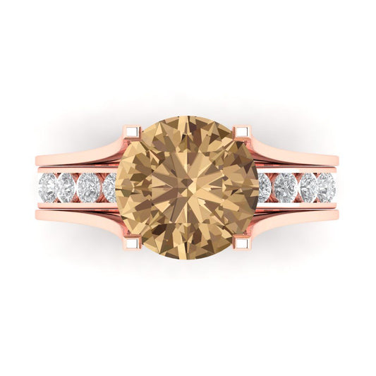 3.39 cttw Round Cut Simulated Champagne Diamond Bridal Set - Solid Rose Gold Engagement Ring & Wedding Band