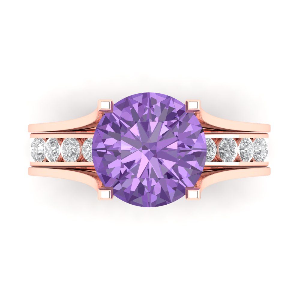 3.39 cttw Round Cut Simulated Alexandrite Bridal Set - Solid Rose Gold Engagement Ring & Wedding Band