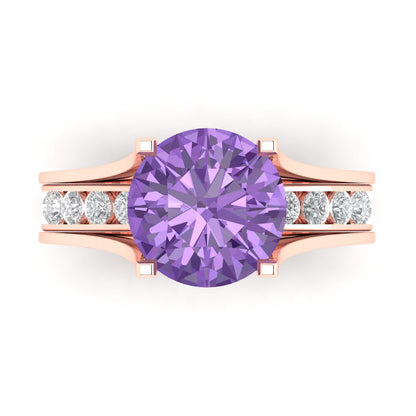 3.39 cttw Round Cut Simulated Alexandrite Bridal Set - Solid Rose Gold Engagement Ring & Wedding Band