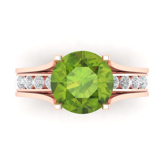 3.39 cttw Round Cut Natural Peridot Bridal Set - Solid Rose Gold Engagement Ring & Wedding Band