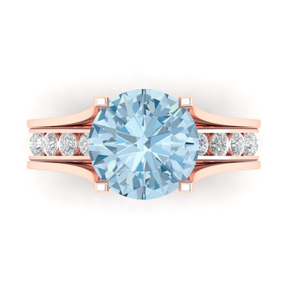 3.39 cttw Round Cut Natural Aquamarine Bridal Set - Solid Rose Gold Engagement Ring & Wedding Band