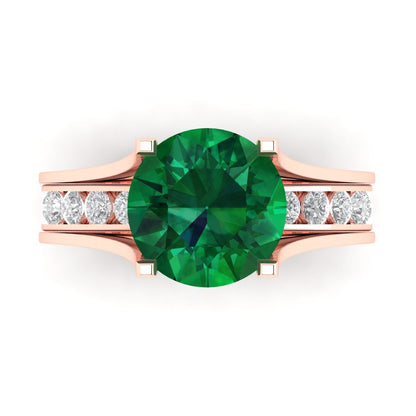 3.39 cttw Round Cut Simulated Emerald Bridal Set - Solid Rose Gold Engagement Ring & Wedding Band
