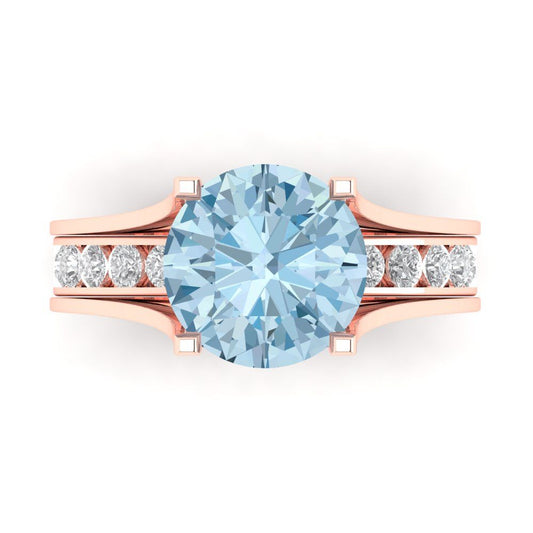 3.39 cttw Round Cut Simulated Blue Diamond Bridal Set - Solid Rose Gold Engagement Ring & Wedding Band