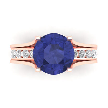 3.39 cttw Round Cut Simulated Tanzanite Bridal Set - Solid Rose Gold Engagement Ring & Wedding Band