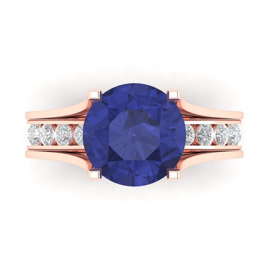3.39 cttw Round Cut Simulated Tanzanite Bridal Set - Solid Rose Gold Engagement Ring & Wedding Band