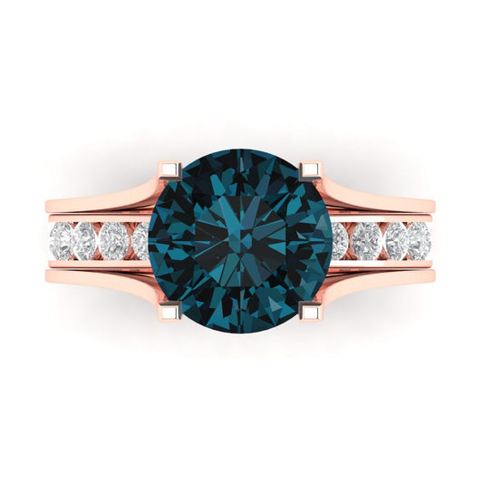 3.39 cttw Round Cut Natural London Blue Topaz Bridal Set - Solid Rose Gold Engagement Ring & Wedding Band