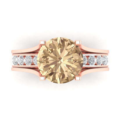 3.39 cttw Round Cut Yellow Moissanite Bridal Set - Solid Rose Gold Engagement Ring & Wedding Band