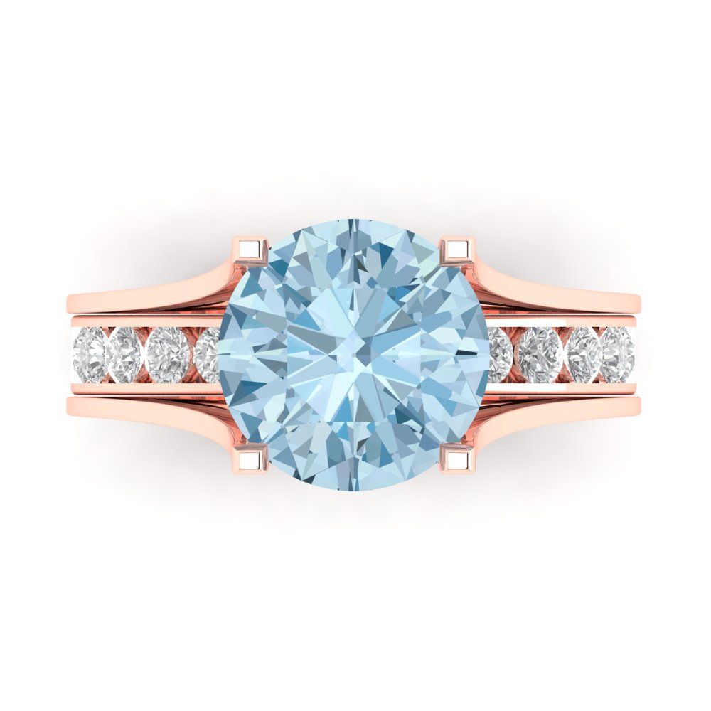 3.39 cttw Round Cut Natural Swiss Blue Topaz Bridal Set - Solid Rose Gold Engagement Ring & Wedding Band