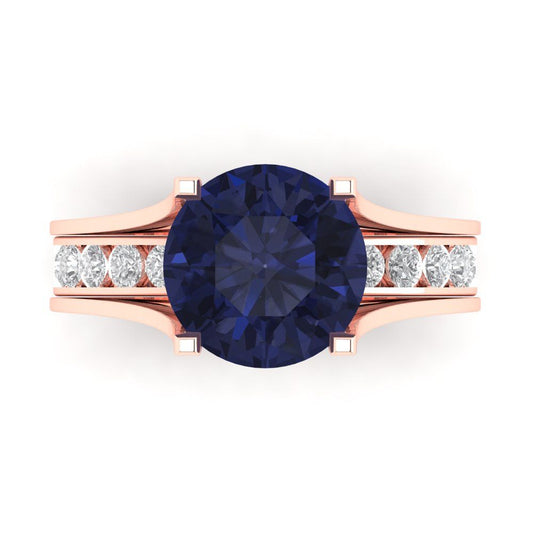 3.39 cttw Round Cut Simulated Blue Sapphire Bridal Set - Solid Rose Gold Engagement Ring & Wedding Band