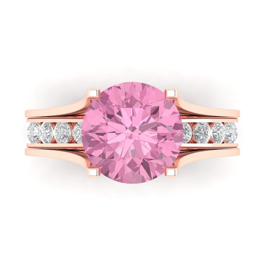 3.39 cttw Round Cut Simulated Pink Diamond Bridal Set - Solid Rose Gold Engagement Ring & Wedding Band