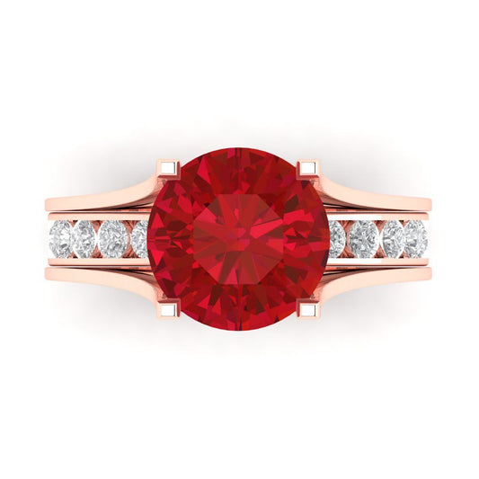3.39 cttw Round Cut Simulated Ruby Bridal Set - Solid Rose Gold Engagement Ring & Wedding Band
