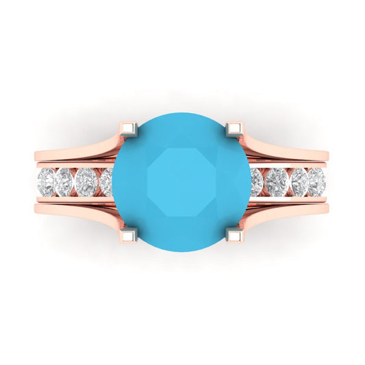 3.39 cttw Round Cut Simulated Turquoise Bridal Set - Solid Rose Gold Engagement Ring & Wedding Band