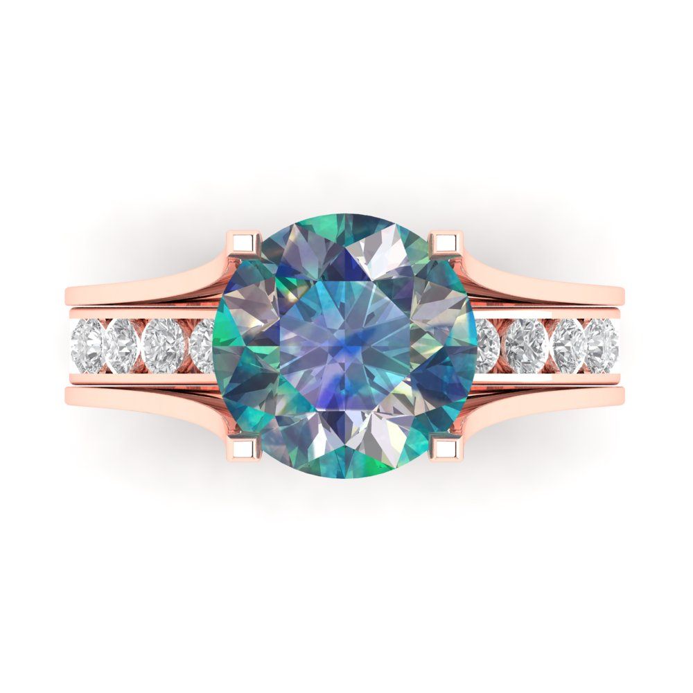3.39 cttw Round Cut Blue Moissanite Bridal Set - Solid Rose Gold Engagement Ring & Wedding Band