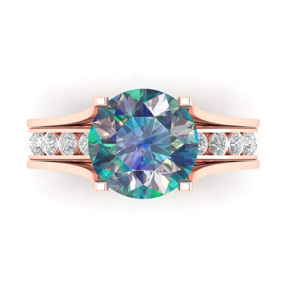 3.39 cttw Round Cut Blue Moissanite Bridal Set - Solid Rose Gold Engagement Ring & Wedding Band