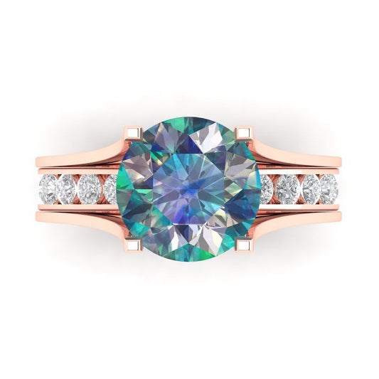 3.39 cttw Round Cut Blue Moissanite Bridal Set - Solid Rose Gold Engagement Ring & Wedding Band