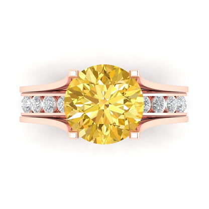 3.39 cttw Round Cut Simulated Yellow Diamond Bridal Set - Solid Rose Gold Engagement Ring & Wedding Band