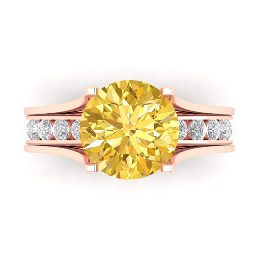 3.39 cttw Round Cut Natural Citrine Bridal Set - Solid Rose Gold Engagement Ring & Wedding Band