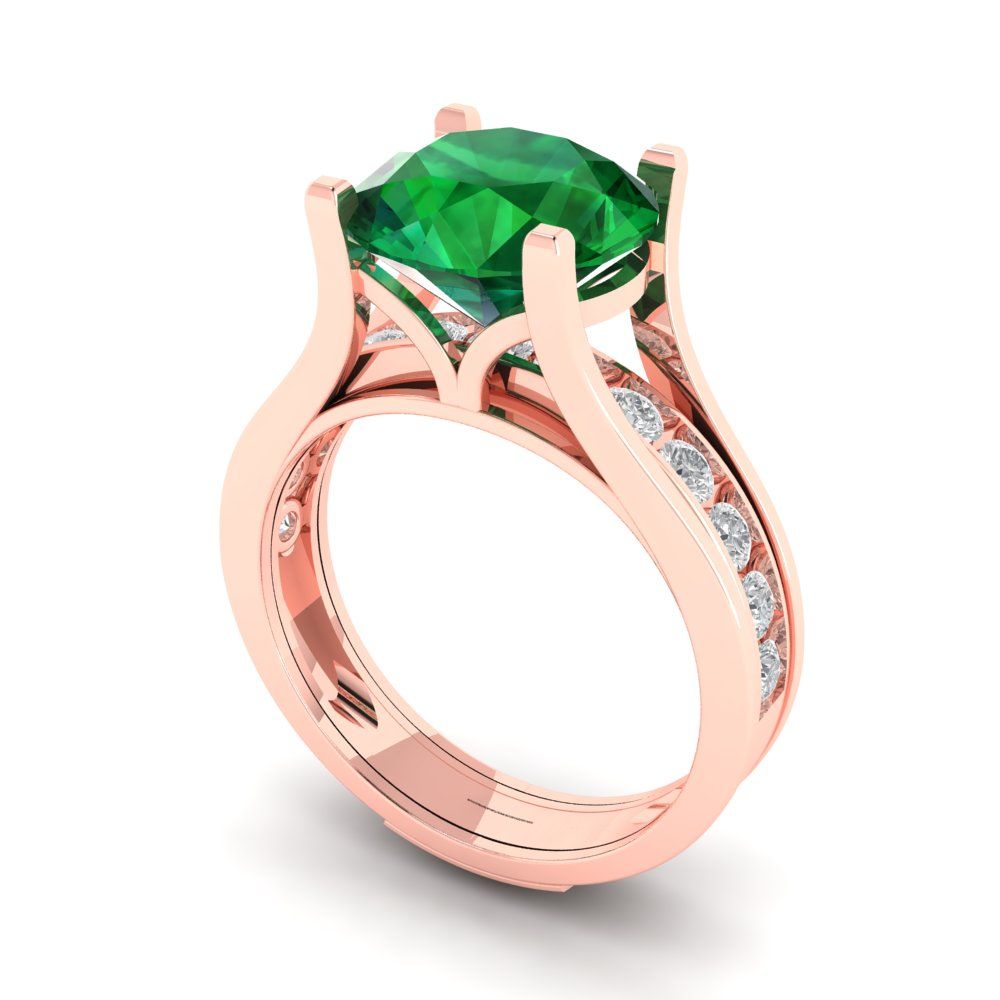 3.39 cttw Round Cut Simulated Emerald Bridal Set - Solid Rose Gold Engagement Ring & Wedding Band