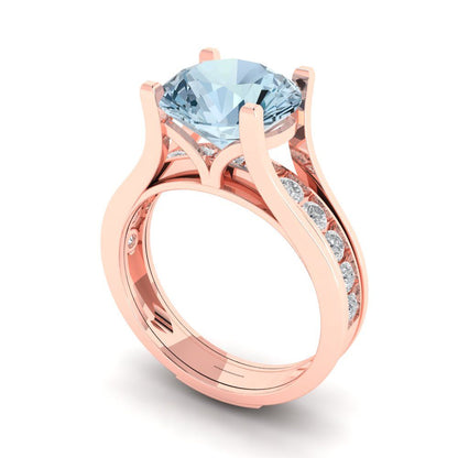 3.39 cttw Round Cut Natural Swiss Blue Topaz Bridal Set - Solid Rose Gold Engagement Ring & Wedding Band