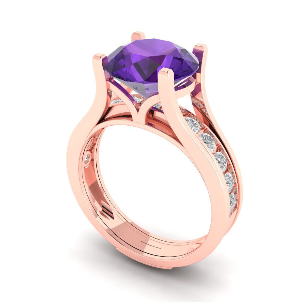 3.39 cttw Round Cut Natural Amethyst Bridal Set - Solid Rose Gold Engagement Ring & Wedding Band
