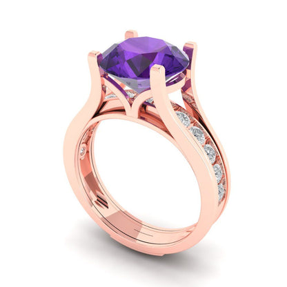 3.39 cttw Round Cut Natural Amethyst Bridal Set - Solid Rose Gold Engagement Ring & Wedding Band